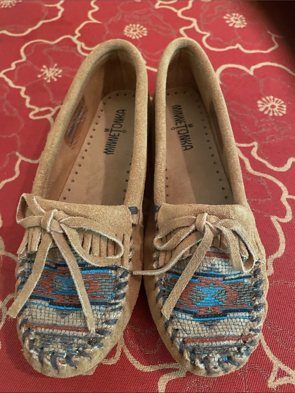 Minnetonka Tan Suede Moccasins with Multicolor Southwestern Weave